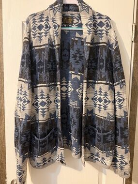 Lucky Brand Blue and Cream Geometric Open-Front Cardigan